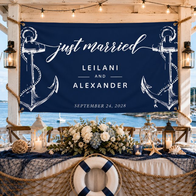 Just Married Nautical Anchor Wedding Banner (Nautical welcome wedding banner perfect for the ocean lover bride and groom. )