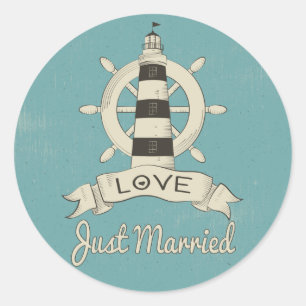 Just Married Nautical Ship Anchor Teal Wedding Classic Round Sticker