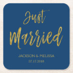 Just Married Navy Blue and Gold Foil Coasters<br><div class="desc">Just Married Navy Blue  and Faux Gold Foil Coasters which are perfect for a Navy Blue and Gold Wedding Reception.The custom napkins allow the ability to update the bride and grooms name and wedding date.</div>