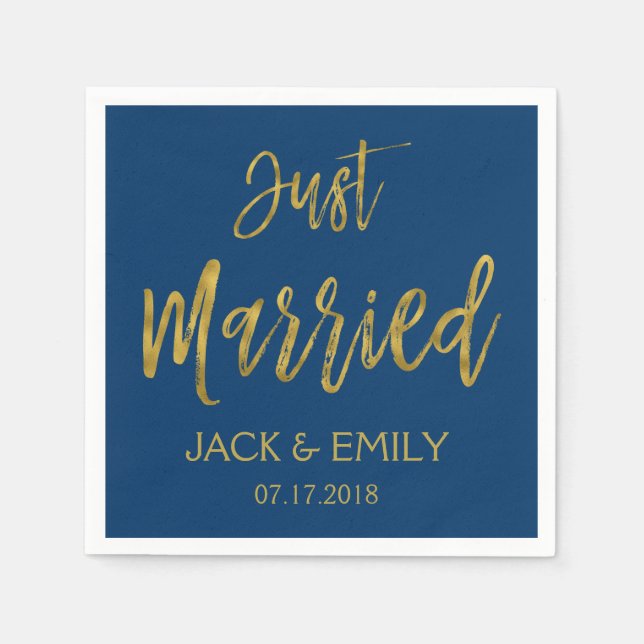 Just Married Navy Blue  and Gold Foil Napkins (Front)