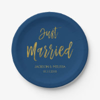 Just Married Navy Blue and Gold Foil Paper Plates