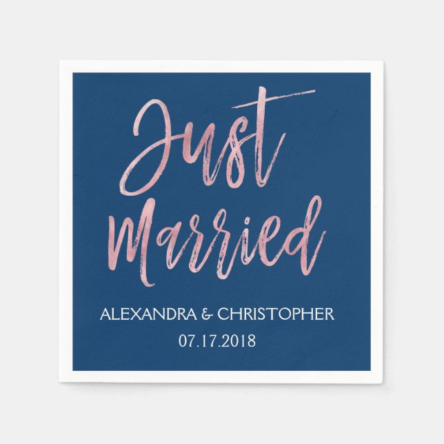 Just Married Navy Blue and Rose Gold Foil Napkins (Front)