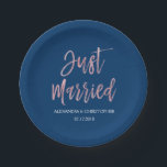 Just Married Navy Blue and Rose Gold Foil Paper Plate<br><div class="desc">Just Married Navy Blue and Faux Rose Gold Foil Paper Plates which are perfect for a Navy Blue and Rose Gold Wedding Reception.The custom napkins allow the ability to update the bride and grooms name and wedding date.</div>