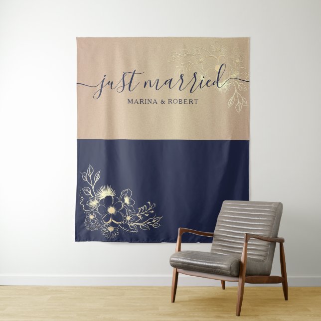 Just Married Navy Blue Wedding Photo Prop Tapestry (In Situ)