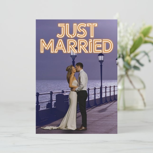 Just Married Neon Lights Wedding Photo Announcemen Announcement (Standing Front)