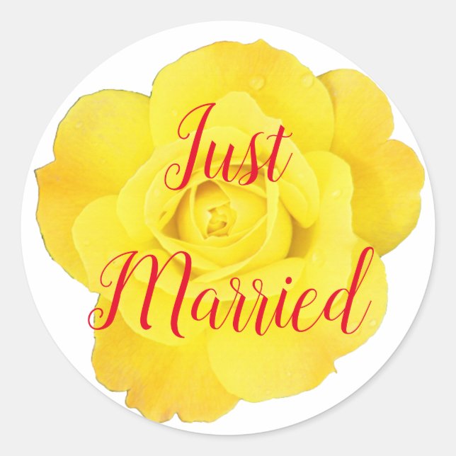 Just Married Newly Weds Wedding Yellow Rose Custom Classic Round Sticker (Front)