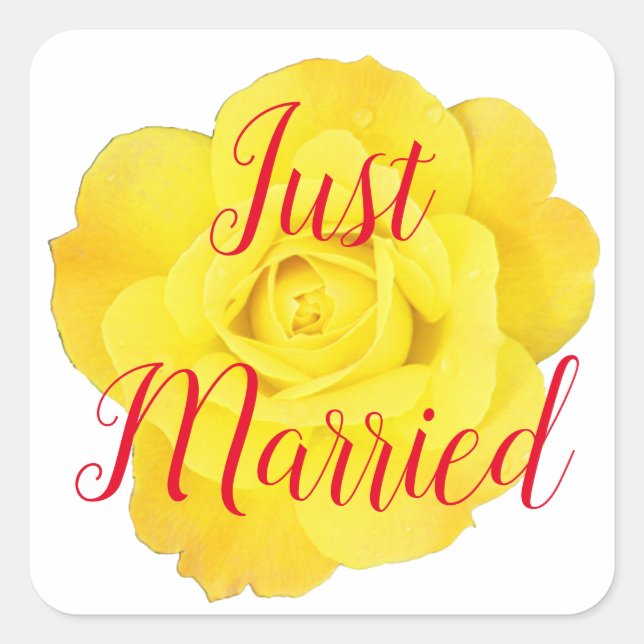 Just Married Newly Weds Wedding Yellow Rose Custom Square Sticker (Front)