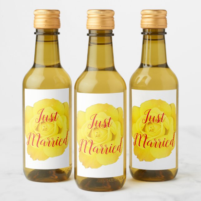 Just Married Newly Weds Wedding Yellow Rose Trendy Wine Label (Bottles)