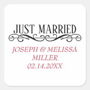 Just Married Newlywed Names Wedding Candle Favours Square Sticker