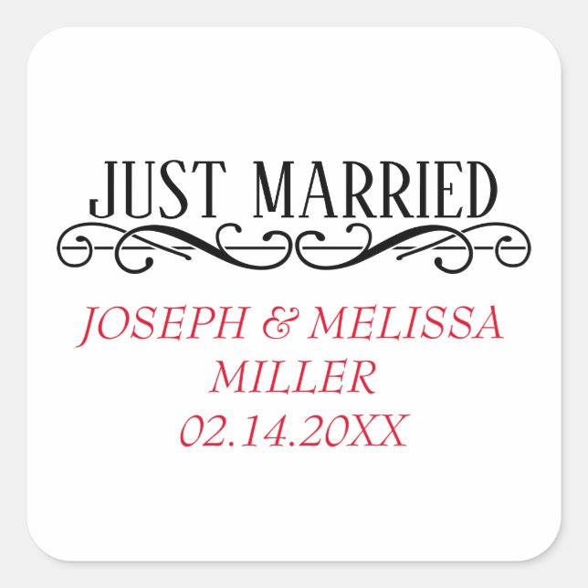 Just Married Newlywed Names Wedding Candle Favours Square Sticker (Front)