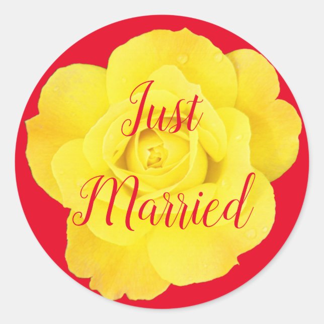 Just Married Newlywed Wedding Yellow Rose Colourfu Classic Round Sticker (Front)