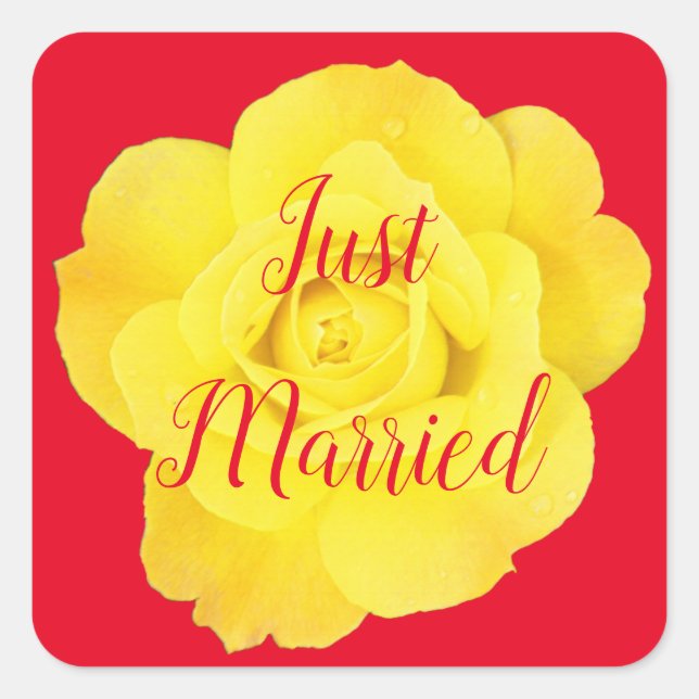 Just Married Newlywed Wedding Yellow Rose Colourfu Square Sticker (Front)
