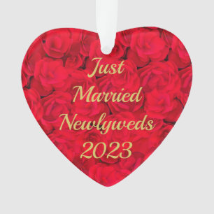 Just Married Newlyweds 2023 Red Floral Ornament