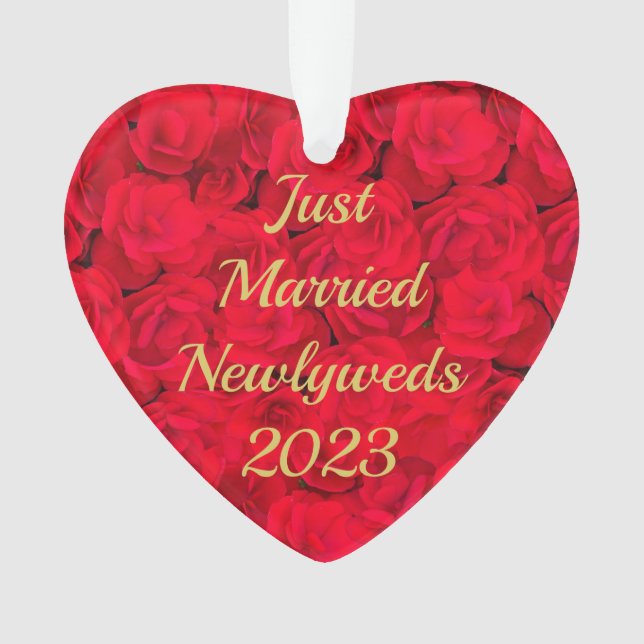 Just Married Newlyweds 2023 Red Floral Ornament (Front)