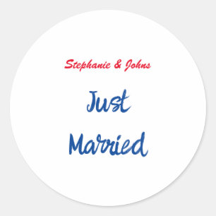 Just Married Newlyweds Custom Name Wedding Classic Round Sticker