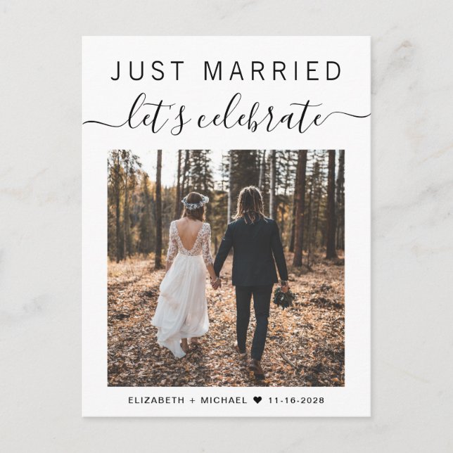 Just Married Now Let's Celebrate Photo Wedding Announcement Postcard (Front)