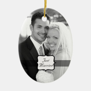 Just Married Oval Photo Ornament Black & White
