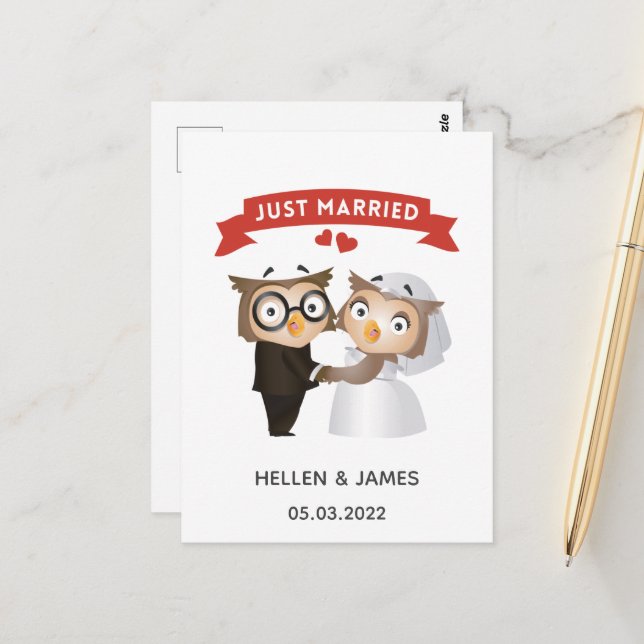 Just Married Owl Wedding Announcement Postcard (Front/Back In Situ)