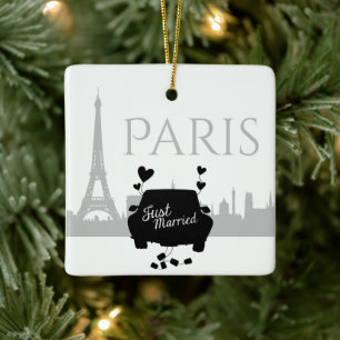 Just Married Paris Eiffel Tower Couple Christmas Ceramic Ornament
