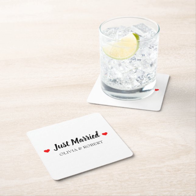 Just Married Personalised Square Paper Coaster (Insitu)