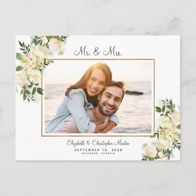 Just Married Photo Elopement Floral Elegant Roses Invitation Postcard (Front)