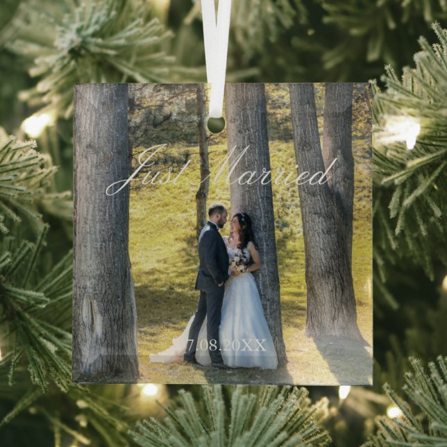 Just Married Photo Glass Tree Decoration (Insitu)