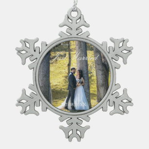 Just Married Photo Snowflake Pewter Christmas Ornament