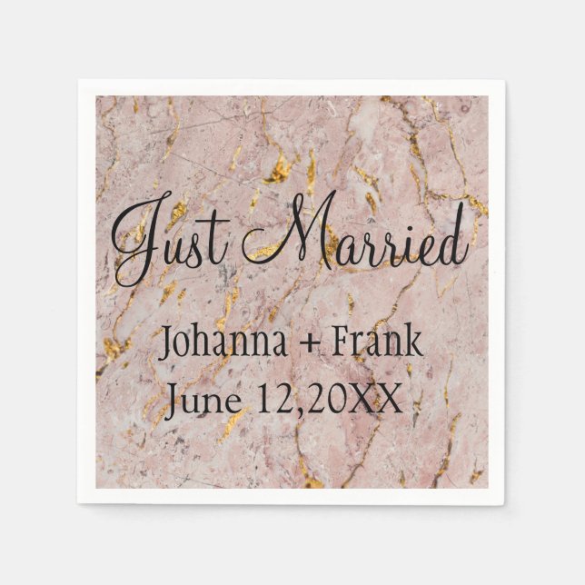 Just Married Pink and Gold Marble Napkin (Front)