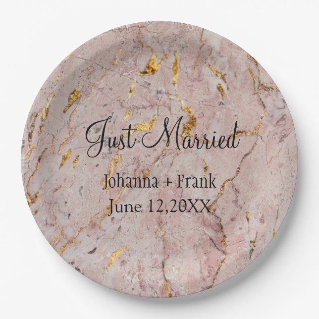 Just Married Pink and Gold Marble Paper Plate (Front)