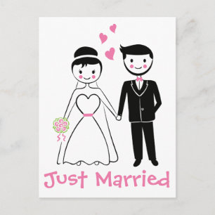 Just Married Pink Black Bride Groom Wedding Announcement Postcard