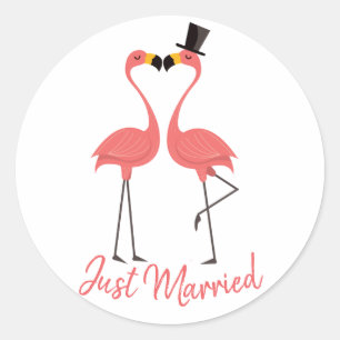 Just Married Pink Flamingo Tropical Beach Wedding Classic Round Sticker