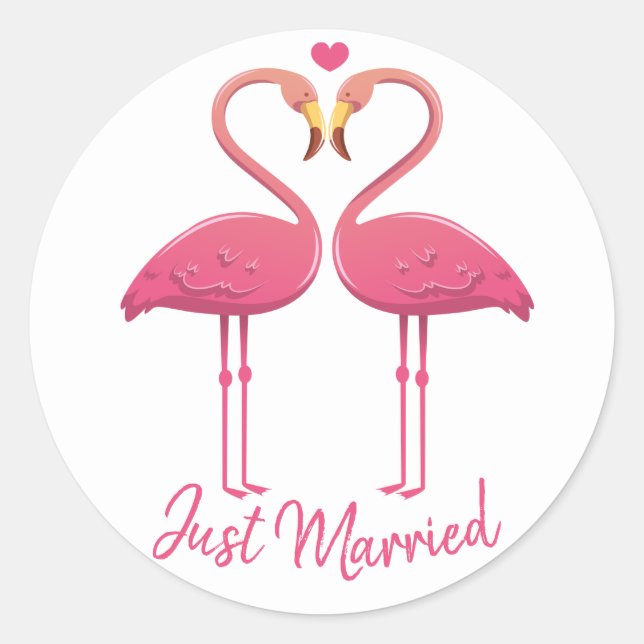 Just Married Pink Flamingo Tropical Beach Wedding Classic Round Sticker (Front)