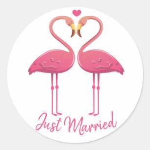 Just Married Pink Flamingo Tropical Beach Wedding Classic Round Sticker
