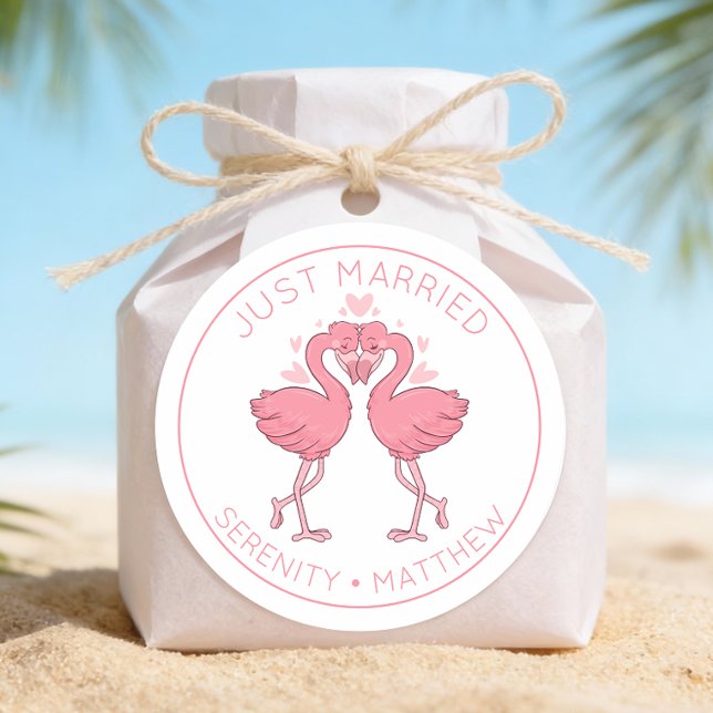 Just Married Pink Flamingos Tropical Beach Wedding Classic Round Sticker (Creator Uploaded)