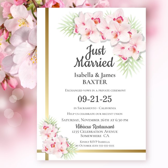 Just Married Pink Gold Floral Wedding Reception Invitation (Creator Uploaded)
