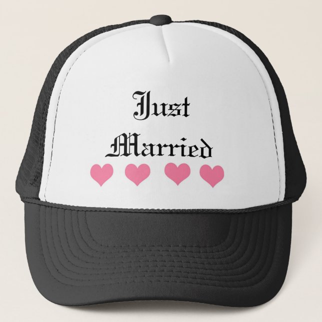 Just Married Pink Heart Trucker Hat (Front)