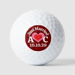 JUST MARRIED Pink Red Heart & Maroon Background Golf Balls