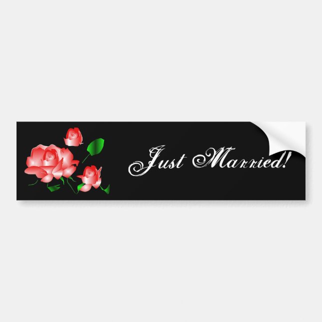 "Just Married" Pink Rose Bumper Sticker (Front)