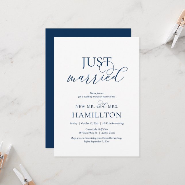 Just Married, Post wedding Brunch Elopement, Navy  Invitation (Front/Back In Situ)