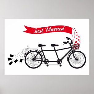 Just married poster, wedding tandem bicycle poster