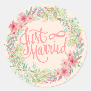 Just Married Pretty Pink Teal Coral Floral Design Classic Round Sticker