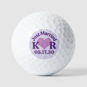 JUST MARRIED Purple Heart And Monogram Initials Golf Balls
