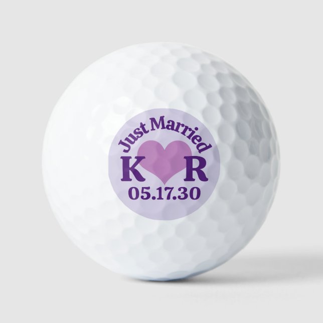 JUST MARRIED Purple Heart And Monogram Initials Golf Balls (Front)