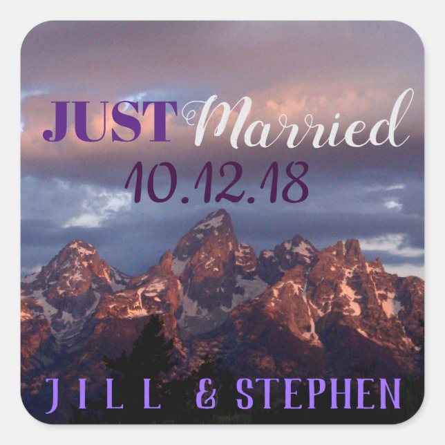 Just Married Purple Teton Sunset Square Sticker (Front)