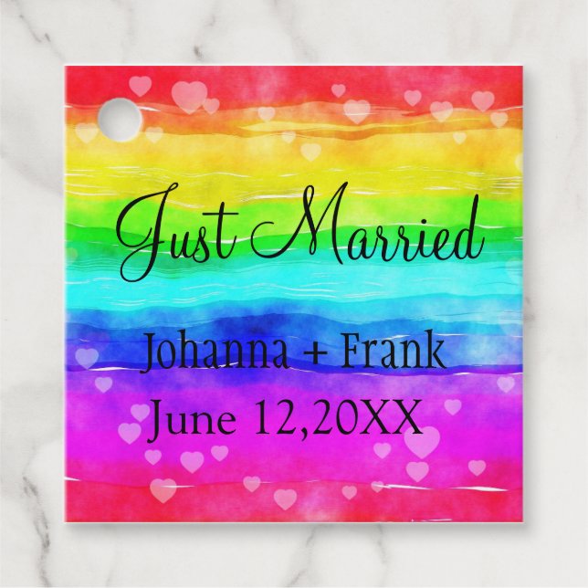Just Married Rainbow Colours Favour Tags (Front)
