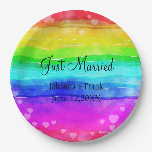 Just Married Rainbow Colours Paper Plate (Front)