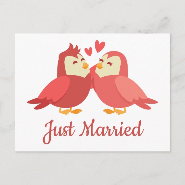 Just Married Red Burgundy Lovebirds Wedding Announcement Postcard (Front)