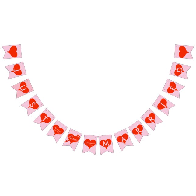 Just Married Red Hearts Pink Bunting Banner (All)