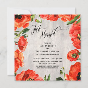 Just Married Red Poppies on Wood Reception-Only Invitation