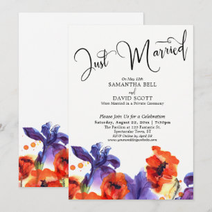 Just Married, Red Poppies, Purple Iris Watercolor Invitation